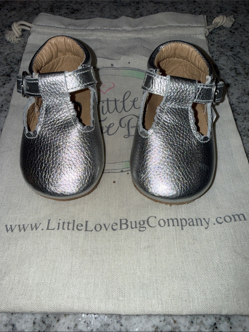 Little Love Bug Silver T-Bar Moccasin with Anti-Slip Sole